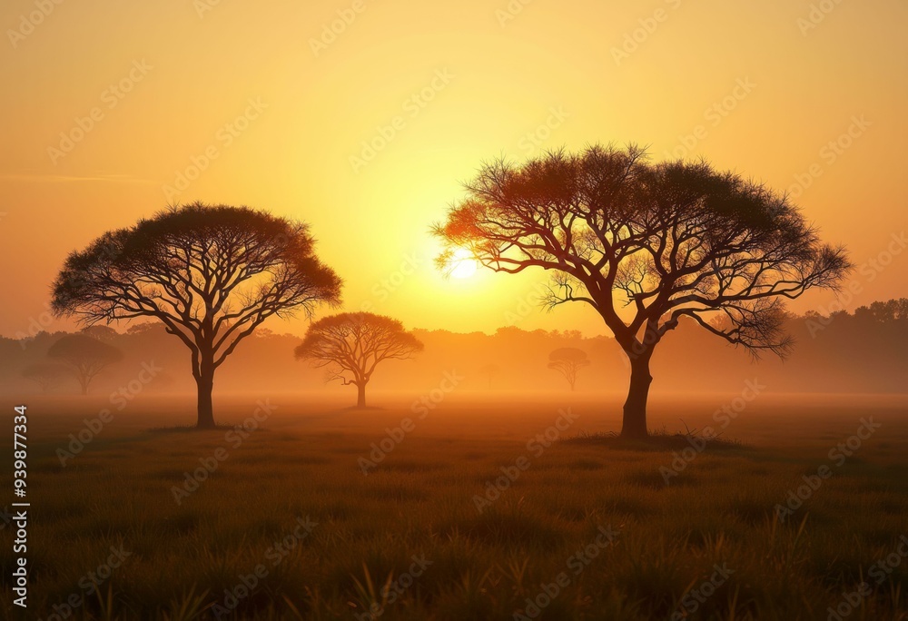 Golden Glow Over Grassland with Silhouetted Trees at Sunset Golden Glow Over Grassland with Silhouetted Trees at Sunset