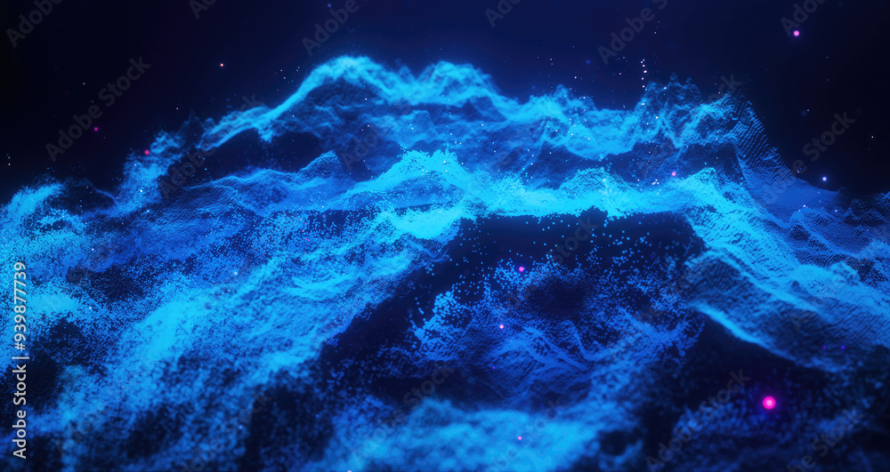 Obraz premium Abstract moving futuristic landscape of particles and dots of energy magic with glow and blur effect, abstract background