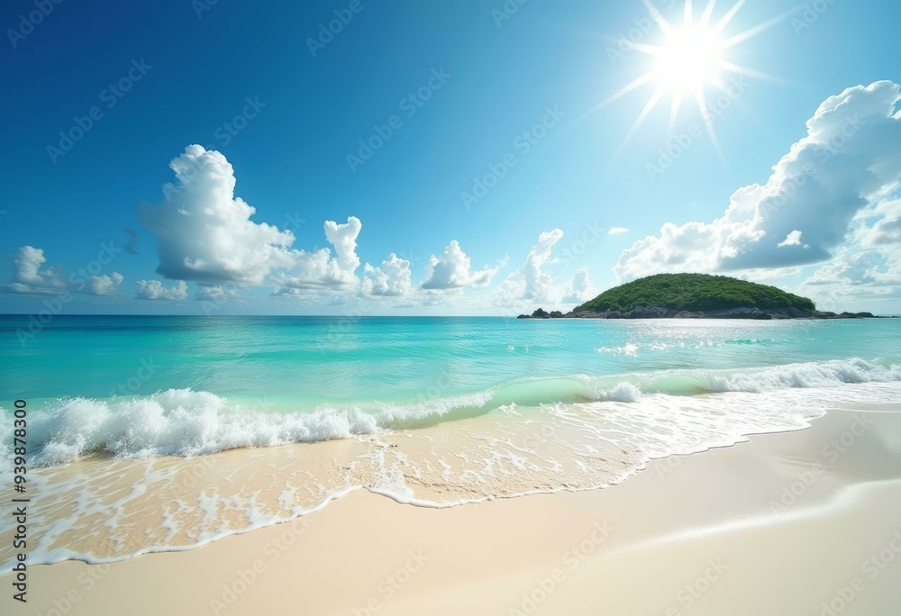 Pristine Beach with Turquoise Waters, Gentle Waves, and Lush Island Pristine Beach with Turquoise Waters, Gentle Waves, and Lush Island