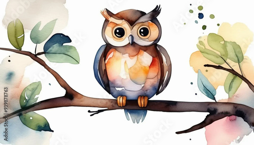 Watercolor illustration of cute owl sitting on a branch, ai photo