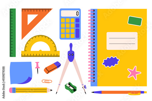 Colorful set of school stationery and accessories. Vector illustration collection of study tools and learning materials for educational content