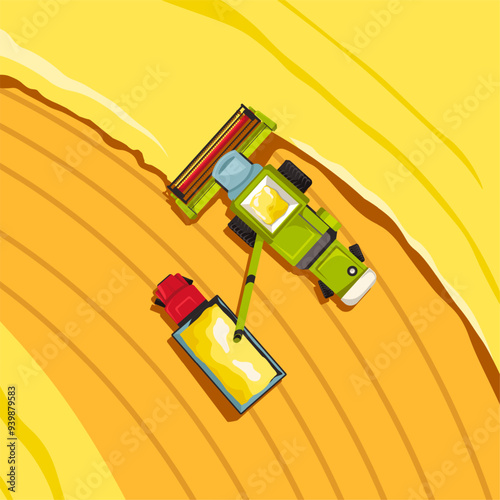 Harvester top view. Tractor or combine agriculture machinery crop field, rye wheat corn plantation farm harvesting farmer vehicle on plow, recent cartoon vector illustration