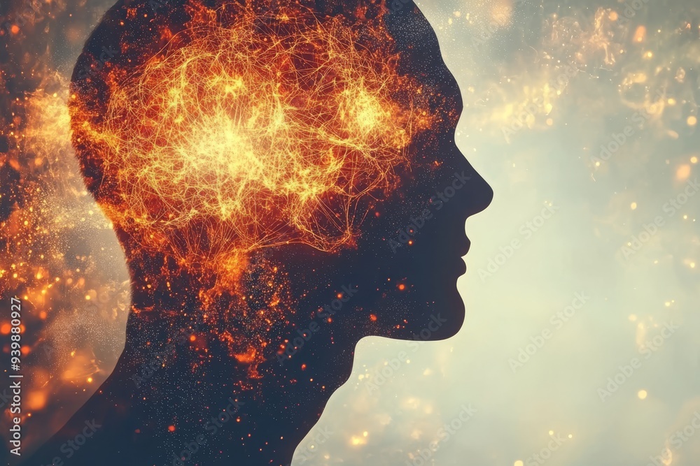 Side profile of a man with a fiery brain symbolizing intense creativity passion and the explosive power of thought in a bold and energetic digital art style Side profile of a man with a fiery brain symbolizing intense creativity passion and the explosive power of thought in a bold and energetic digital art style