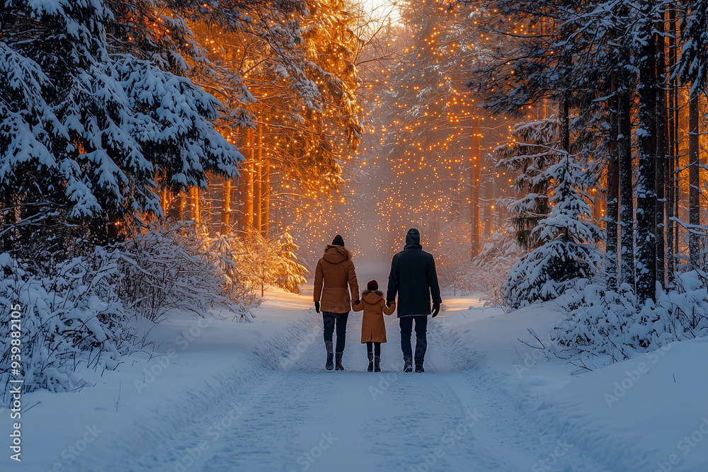 A family enjoying a peaceful walk through a snowy winter wonderland, with twinkling lights and a serene atmosphere. A family enjoying a peaceful walk through a snowy winter wonderland, with twinkling lights and a serene atmosphere.