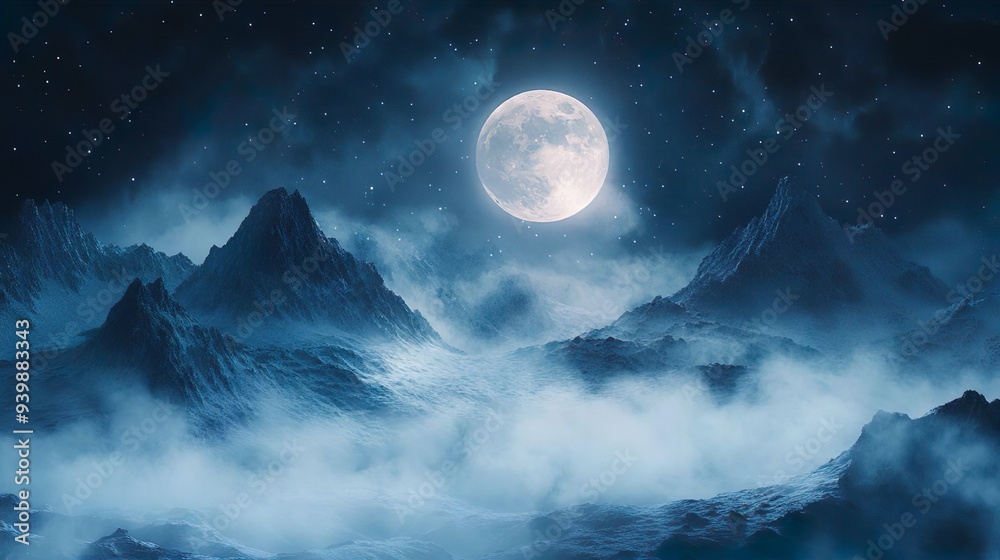 Misty mountain peaks under a glowing full moon ideal for atmospheric and ethereal backgrounds Misty mountain peaks under a glowing full moon ideal for atmospheric and ethereal backgrounds