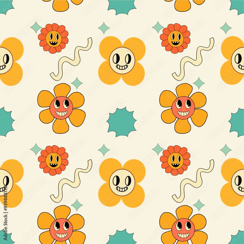seamless pattern of smile flowers retro style seamless pattern of smile flowers retro style