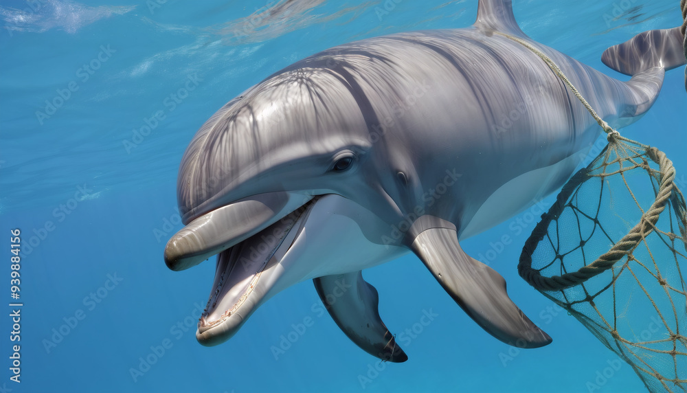 Fototapeta premium Depiction of a dolphin, as an endangered marine mammal, entangled in an ownerless fishing net or as by-catch of industrial fishing