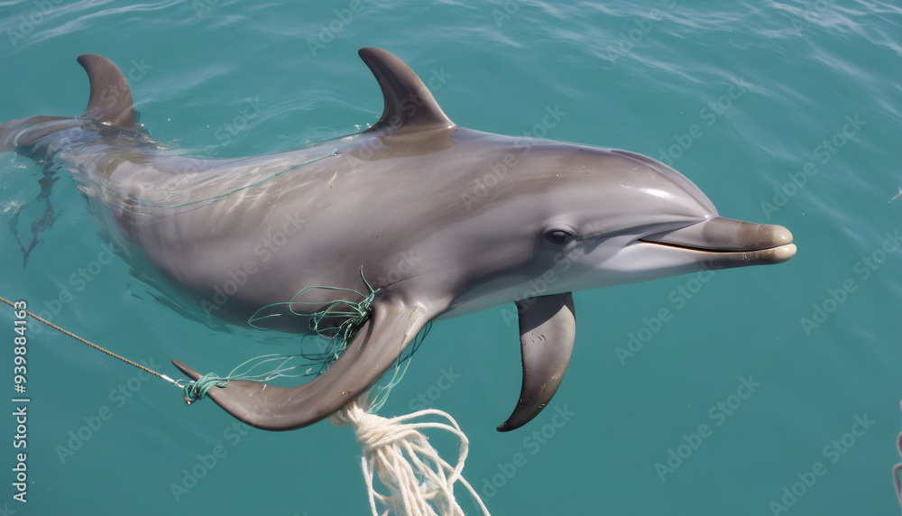 Fototapeta premium Depiction of a dolphin, as an endangered marine mammal, entangled in an ownerless fishing net or as by-catch of industrial fishing