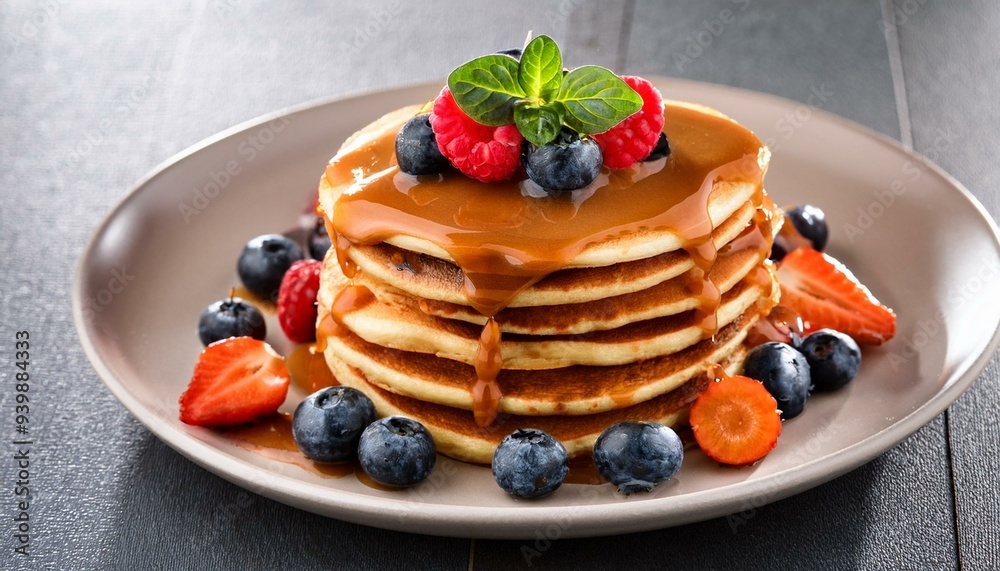 Pancakes with Caramel Syrup and berries. Raspberries Blueberries Pancakes with Caramel Syrup and berries. Raspberries Blueberries