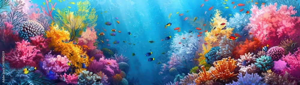 Fototapeta premium Flourishing coral reef with fish, Fantasy, Vibrant, Watercolor, Emphasizing marine biodiversity