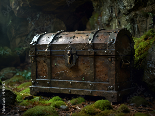 An antique chest of gold coins and jewelry in a mysterious cave