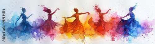 Folkloric dance performance, Fantasy, Vibrant, Watercolor, Highlighting cultural heritage