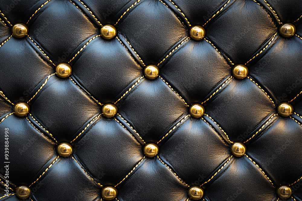 Obraz premium Luxurious black quilted leather upholstery with gold buttons, showcasing a classic and sophisticated texture
