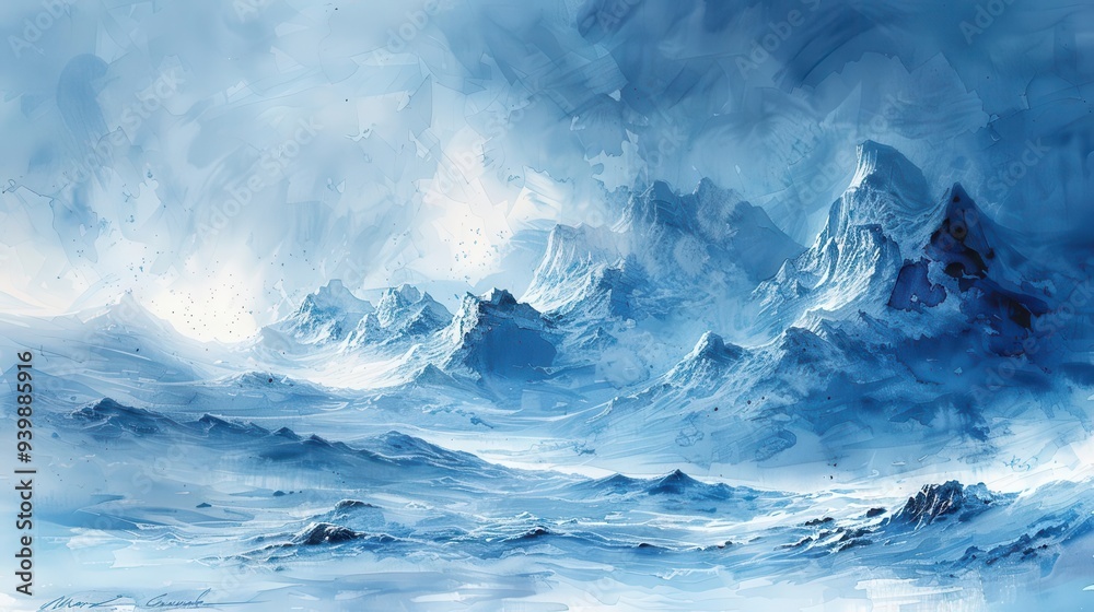 Fototapeta premium Frigid Arctic tundra, Fantasy, Cold, Watercolor, Emphasizing harsh environment