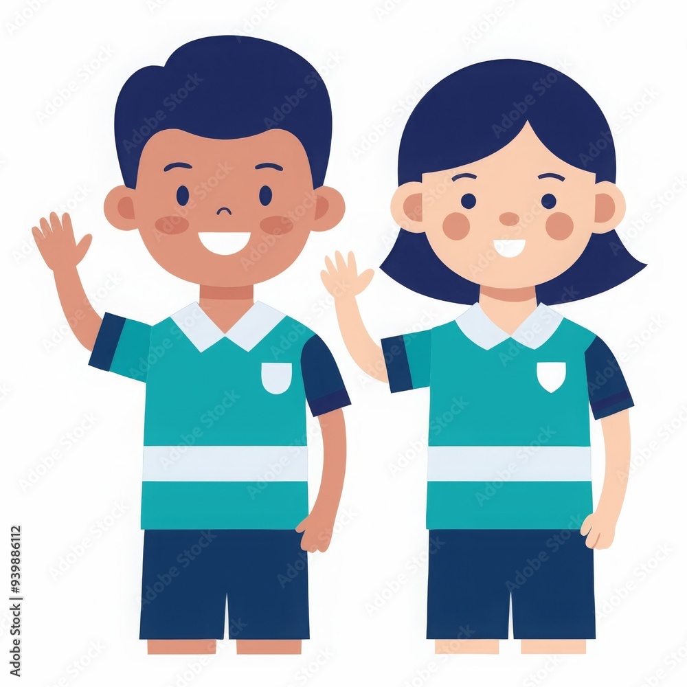 Two children are standing next to each other, one of them is waving Two children are standing next to each other, one of them is waving