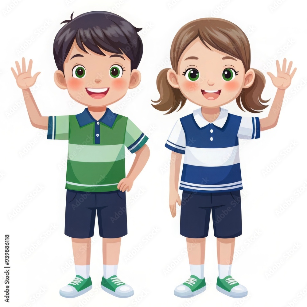 Two children are standing next to each other and waving Two children are standing next to each other and waving