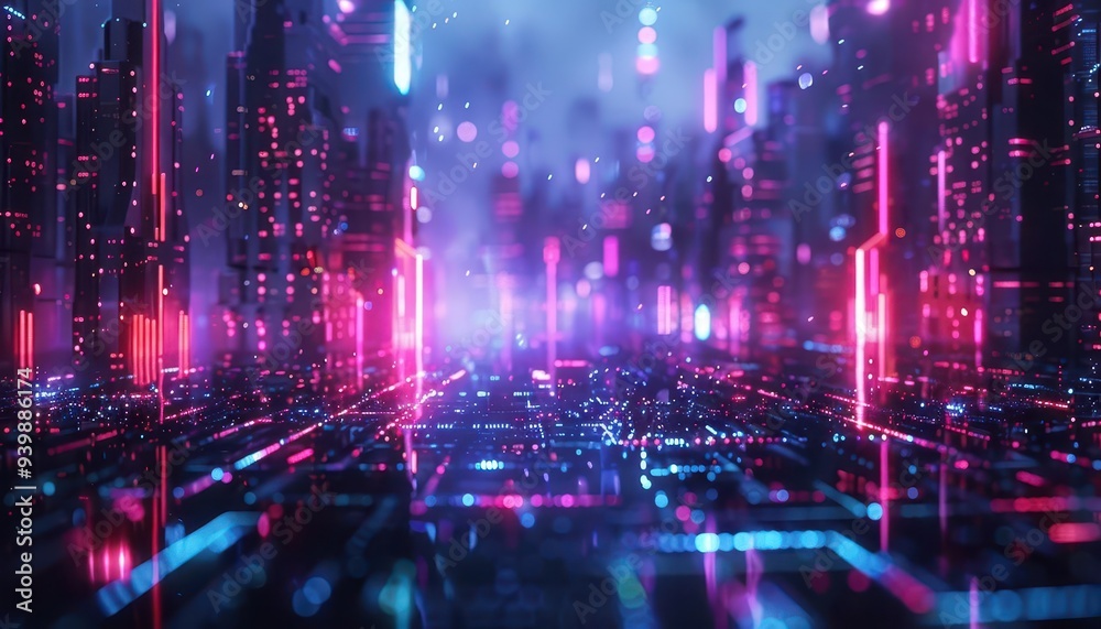 Futuristic cityscape with tech, Cyberpunk, Bright, Digital, Highlighting innovation Futuristic cityscape with tech, Cyberpunk, Bright, Digital, Highlighting innovation