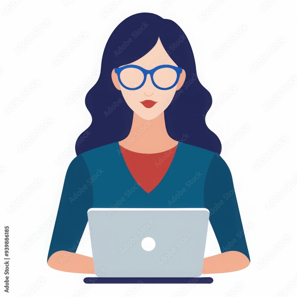 A woman is sitting at a laptop with a grey laptop. She is wearing glasses and a blue shirt