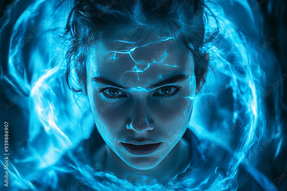 Portrait of a woman with glowing blue energy surrounding her symbolizing the powerful and dynamic nature of thought creativity and intellect in a bold digital art style Portrait of a woman with glowing blue energy surrounding her symbolizing the powerful and dynamic nature of thought creativity and intellect in a bold digital art style