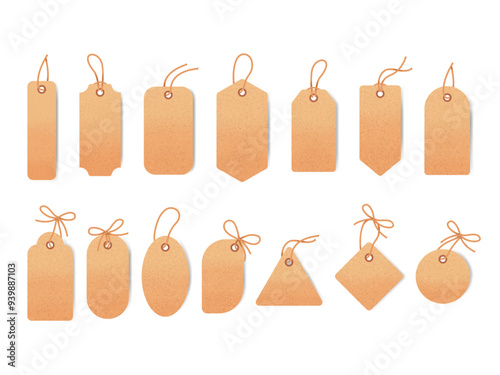 Rope bows tags. Paper cardboard labels with braided ribbon string, bow cord knot sale price blank tag thread hanging gift empty emblem different shape swanky vector illustration