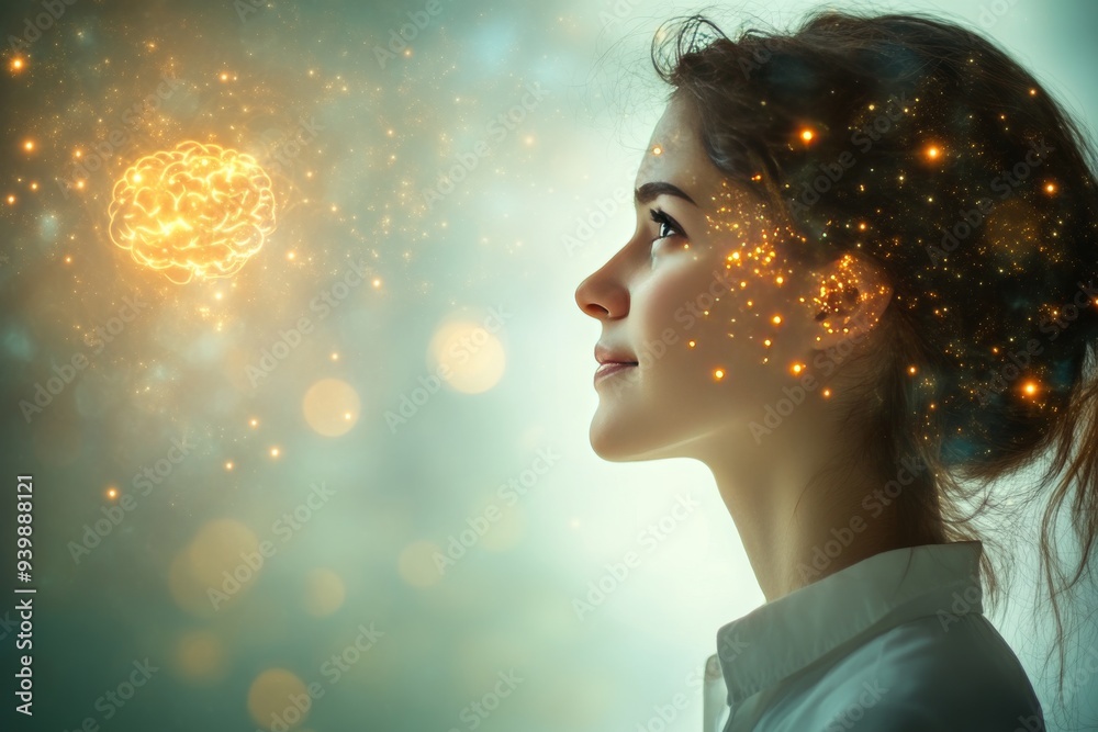 Portrait of a woman with glowing particles symbolizing the radiant energy of thought creativity and intellect in a serene and inspiring digital art style Portrait of a woman with glowing particles symbolizing the radiant energy of thought creativity and intellect in a serene and inspiring digital art style