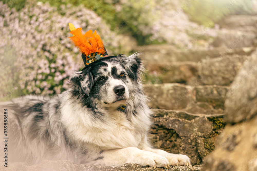 Funny portrait of an australian shepherd dog wearing a steampunk costume Funny portrait of an australian shepherd dog wearing a steampunk costume