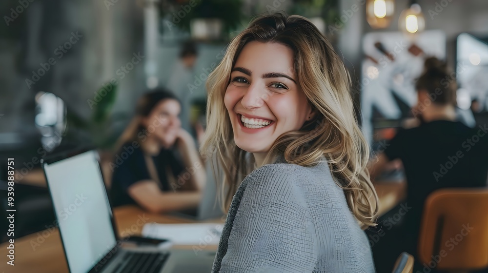 Happy woman portrait and laptop with team for company Happy woman portrait and laptop with team for company