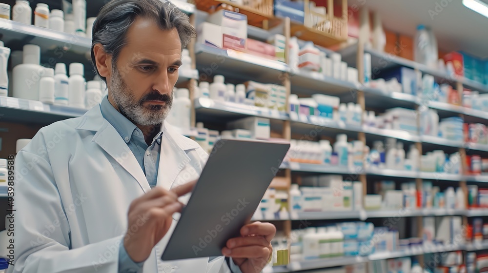 Man pharmacist and reading tablet with box for healthcare Man pharmacist and reading tablet with box for healthcare