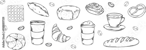 Bakery hadpainted illustrations set banner black and white beige coffee, buns, beans, bread, cappuccino, cup, croissant, bread, waffle, baguette, cafe, morning breakfast pastry