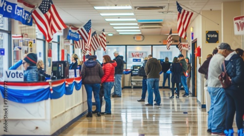 A busy Election Day polling station with voters standing in line, eagerly waiting to cast their ballots, with patriotic decorations like American flags and 