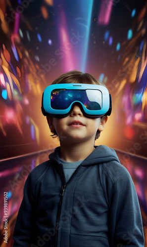 A child wearing VR goggles, immersed in a colorful futuristic world.