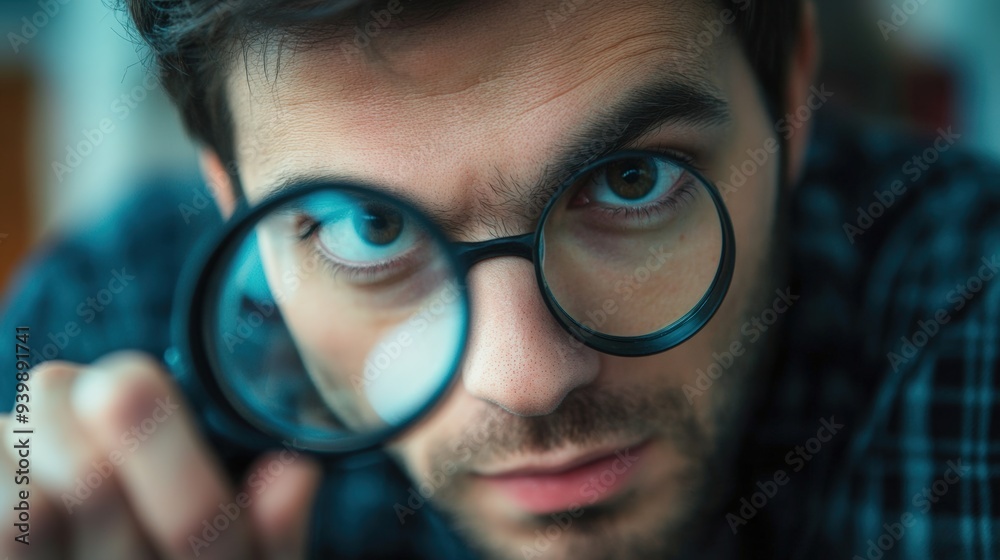 A man examines something with a magnifying glass while looking at the camera with serious stare. A man examines something with a magnifying glass while looking at the camera with serious stare.
