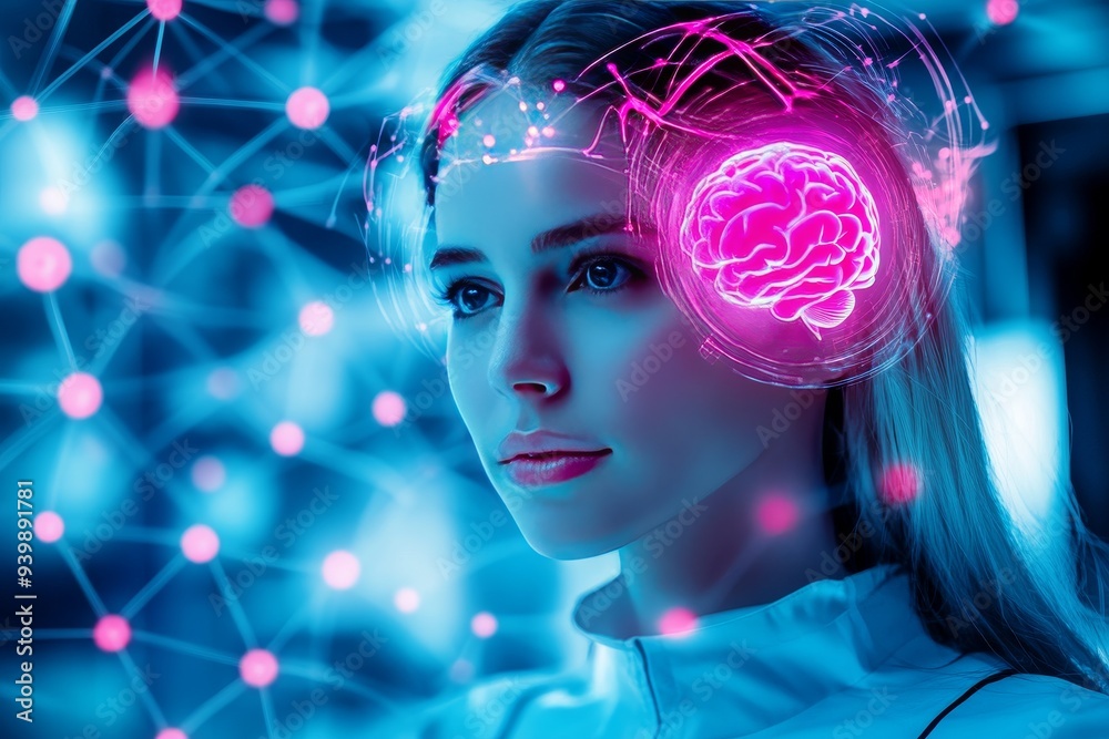 Futuristic portrait of a woman with a glowing brain and neural network connections symbolizing advanced artificial intelligence and cognitive enhancement in a digital age Futuristic portrait of a woman with a glowing brain and neural network connections symbolizing advanced artificial intelligence and cognitive enhancement in a digital age