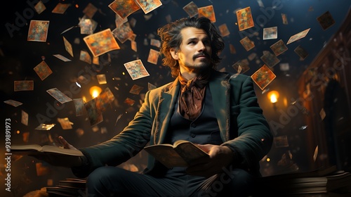 A quirky magician performing tricks with oversized playing cards against a backdrop of swirling stars and galaxies