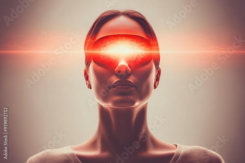 Futuristic figure with glowing red visor and neural connections representing the concept of virtual reality augmented reality and the future of human machine interaction photo