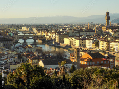 Panoramic view of the bridges of Florence and the Ponte Vecchio over Arno river ,Firenze Tuscany, Italy, Europe. 