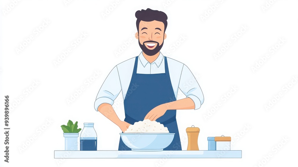 A joyful chef mixing ingredients in a kitchen. Emphasizes cooking skills, creativity, and culinary passion.