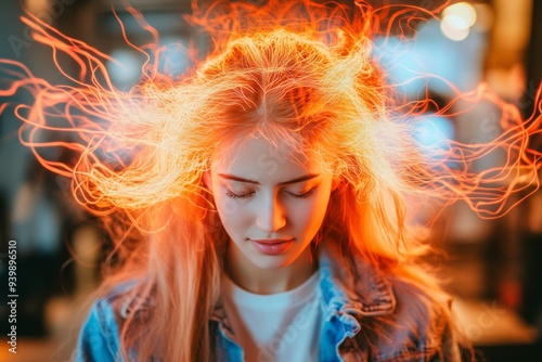 Young woman with fiery hair representing the explosion of ideas creativity and the vibrant energy of youthful innovation in a fast paced dynamic world