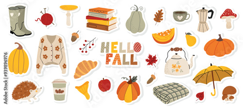 Autumn stickers set. Cute fall elements for scrapbooking. Hello fall. Pumpkins, teapot, leaves, hedgehog, boots. Flat vector collection on white isolated background.