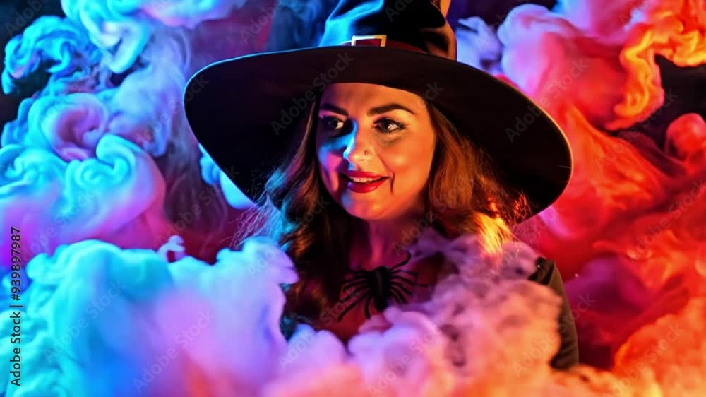 Witch with Spider Sitting in Workshop Surrounded by Skulls, Pumpkins, and Magical Smoke for Halloween Witch with Spider Sitting in Workshop Surrounded by Skulls, Pumpkins, and Magical Smoke for Halloween