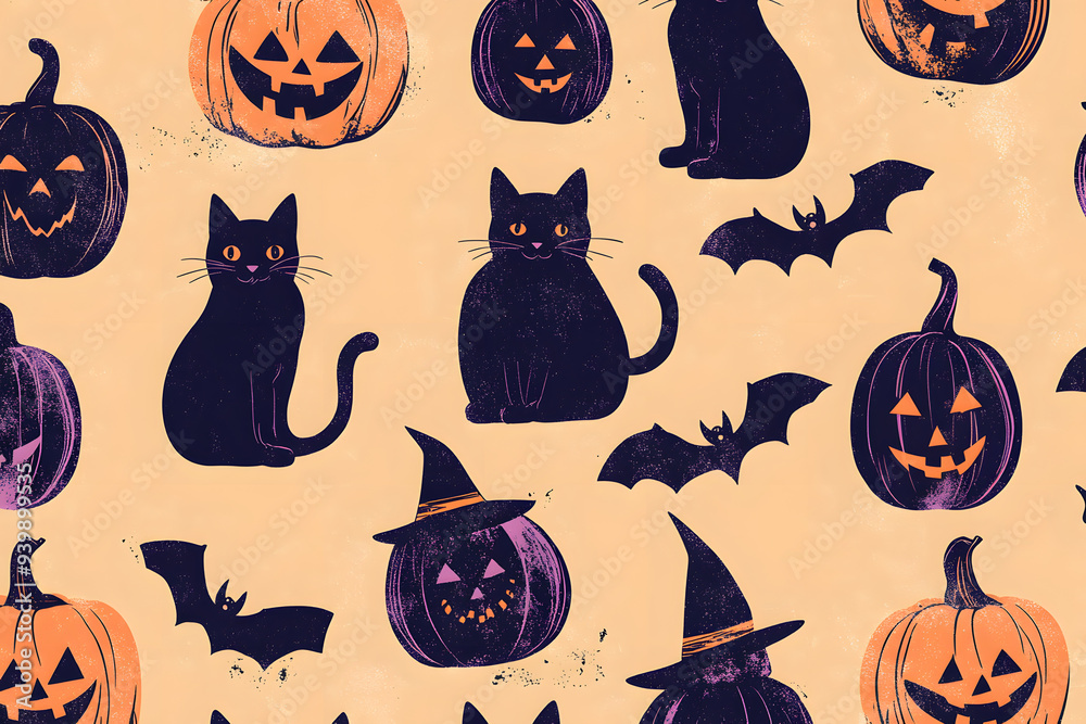 A playful Halloween pattern featuring black cats, spooky pumpkins, and bats perfect for festive decorations A playful Halloween pattern featuring black cats, spooky pumpkins, and bats perfect for festive decorations