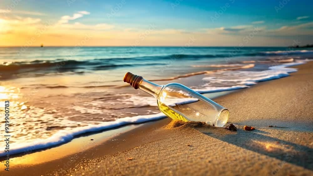Message in a Bottle on a Sandy Beach at Sunset.