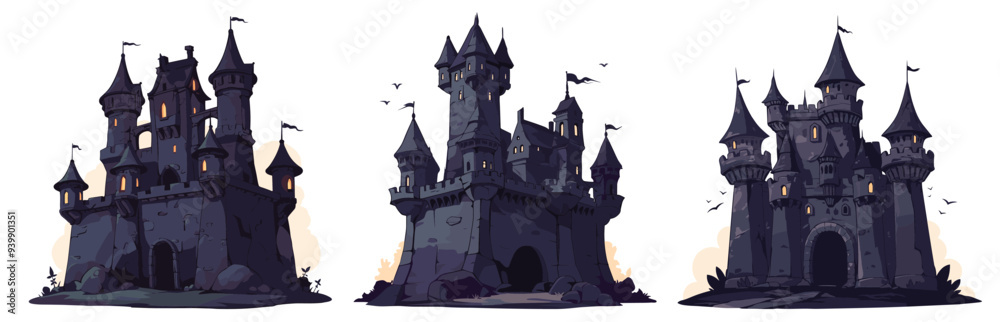 Obraz premium castle black stone cartoon. Dark castles architecture building gloomy ancient mystical halloween mansions set vector illustration