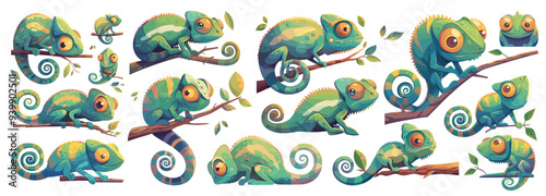 chameleon sticker. lizard, cute exotic animal kind character green reptile branch tropical vector illustration