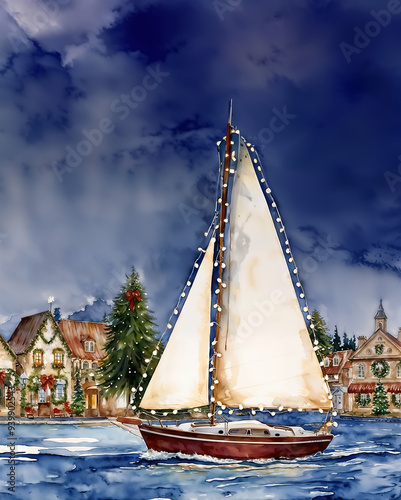 Sailboat decorated with Christmas lights sailing in the harbor by a festive village. Holiday-decorated houses and bridges in the background.