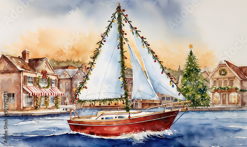 Sailboat decorated with Christmas lights sailing in the harbor by a festive village. Holiday-decorated houses and bridges in the background.