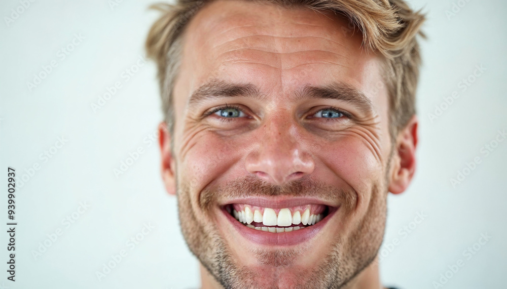 A handsome Scandinavian man with blonde hair and a confident smile showcases dental health against a clean background. A handsome Scandinavian man with blonde hair and a confident smile showcases dental health against a clean background.