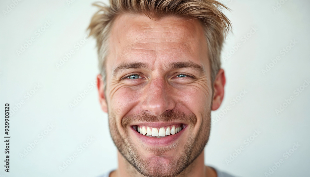 A handsome Scandinavian man with blonde hair and a confident smile showcases dental health against a clean background. A handsome Scandinavian man with blonde hair and a confident smile showcases dental health against a clean background.