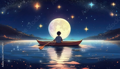 Anime background Lofi A boy sitting in a boat under the moonlight, surrounded by stars on a calm night.