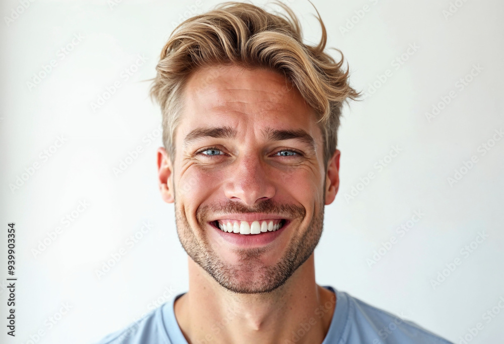 A handsome Scandinavian man with blonde hair and a confident smile showcases dental health against a clean background. A handsome Scandinavian man with blonde hair and a confident smile showcases dental health against a clean background.